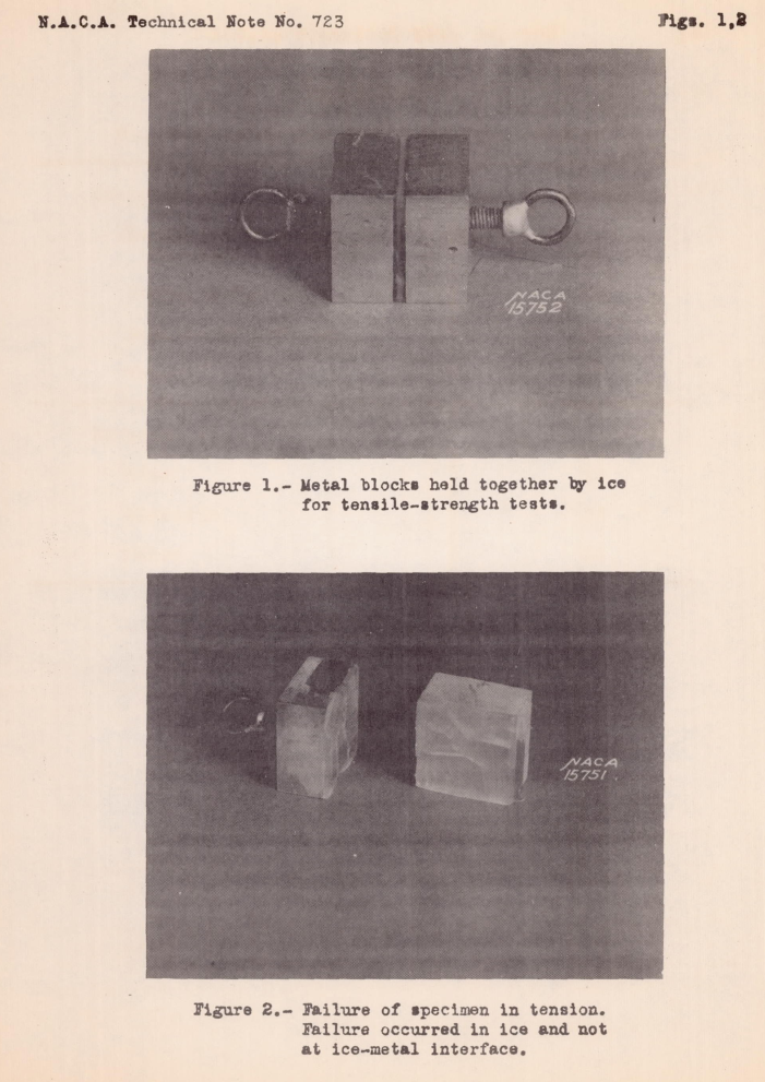 Figure 1. Metal blocks held togther by ice for tensile strength tests. Figure 2. Failure of specimen in tension. Failure occured in ice and not at the ice-metal surface.